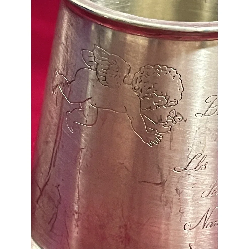Vintage Sheffield England Pewter Baby Cup with Cherubs And Stork Handle